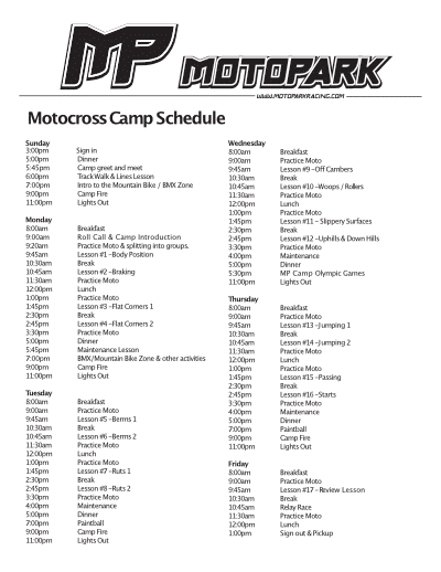 MP Camp Schedule