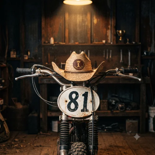 Straw champion cowboy hat resting on the handlebars of a vintage number 81 motocross bike