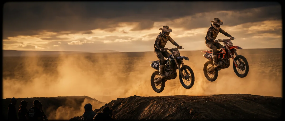Two motocross riders in cowboy hats jumping side by side at sunset