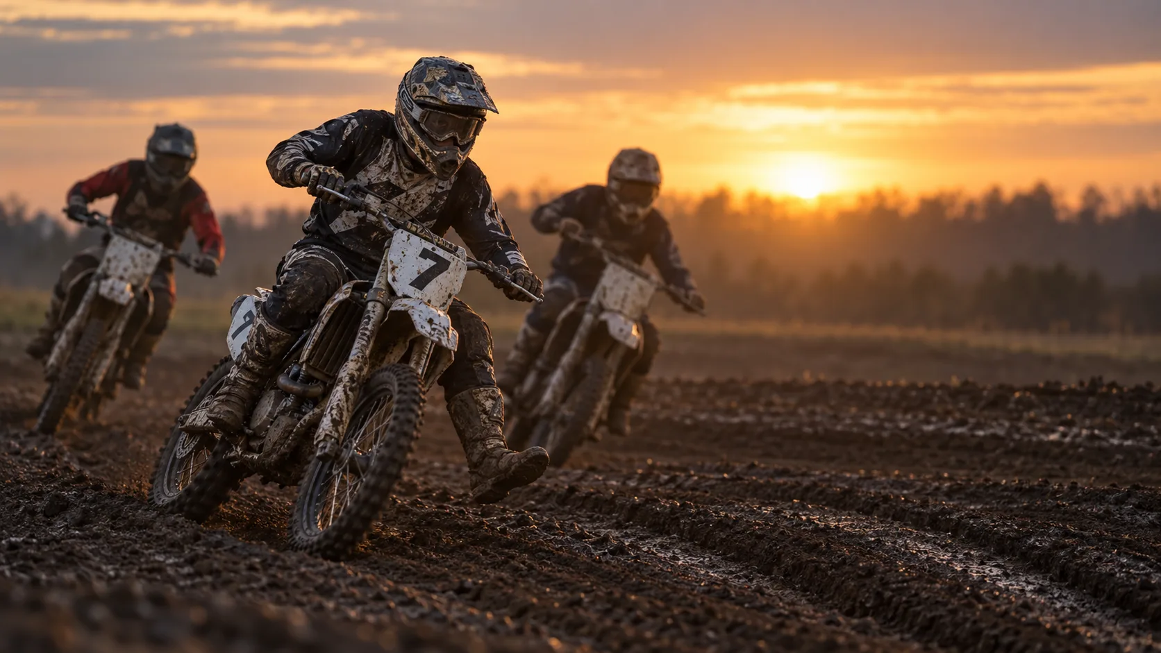 Three motocross riders racing through a rutted corner at sunset, the leader on a number seven bike backlit by a low golden sun