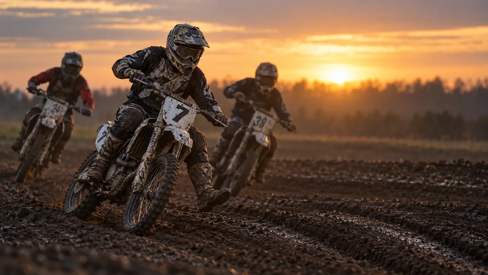 Three motocross riders racing through a rutted corner at sunset on numbered bikes, the leader on number seven, backlit by a low golden sun