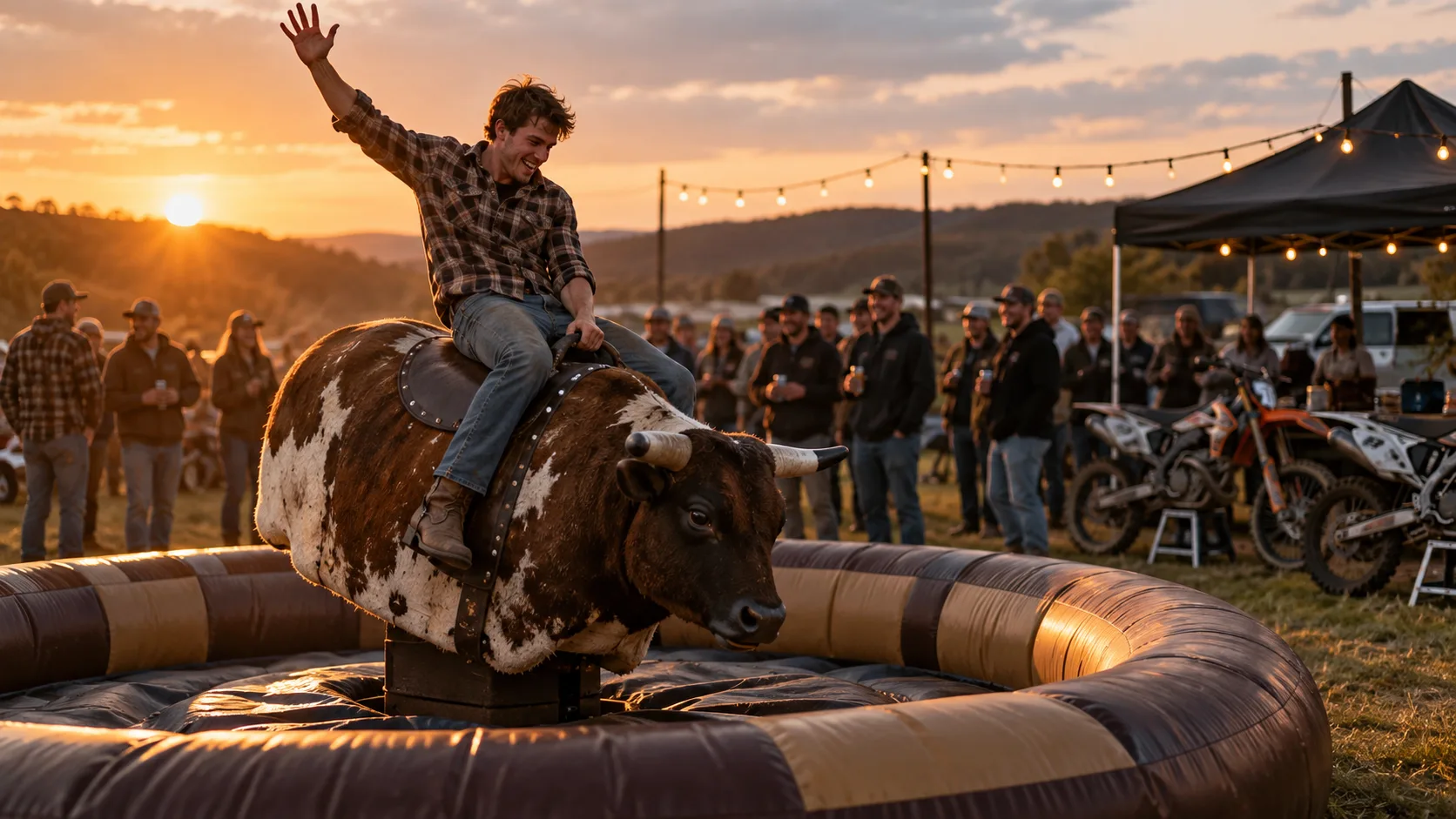Rider in jeans and a plaid shirt holding on to a mechanical bull at golden hour while a crowd watches from the grass