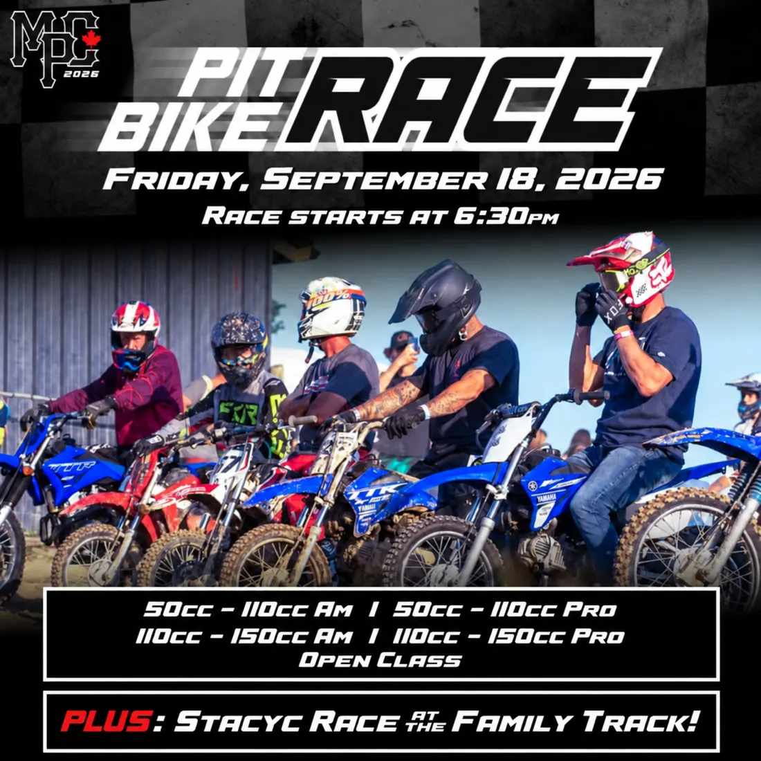 Five riders lined up on pit bikes at the Motopark start gate under the lights before the Friday night pit bike race