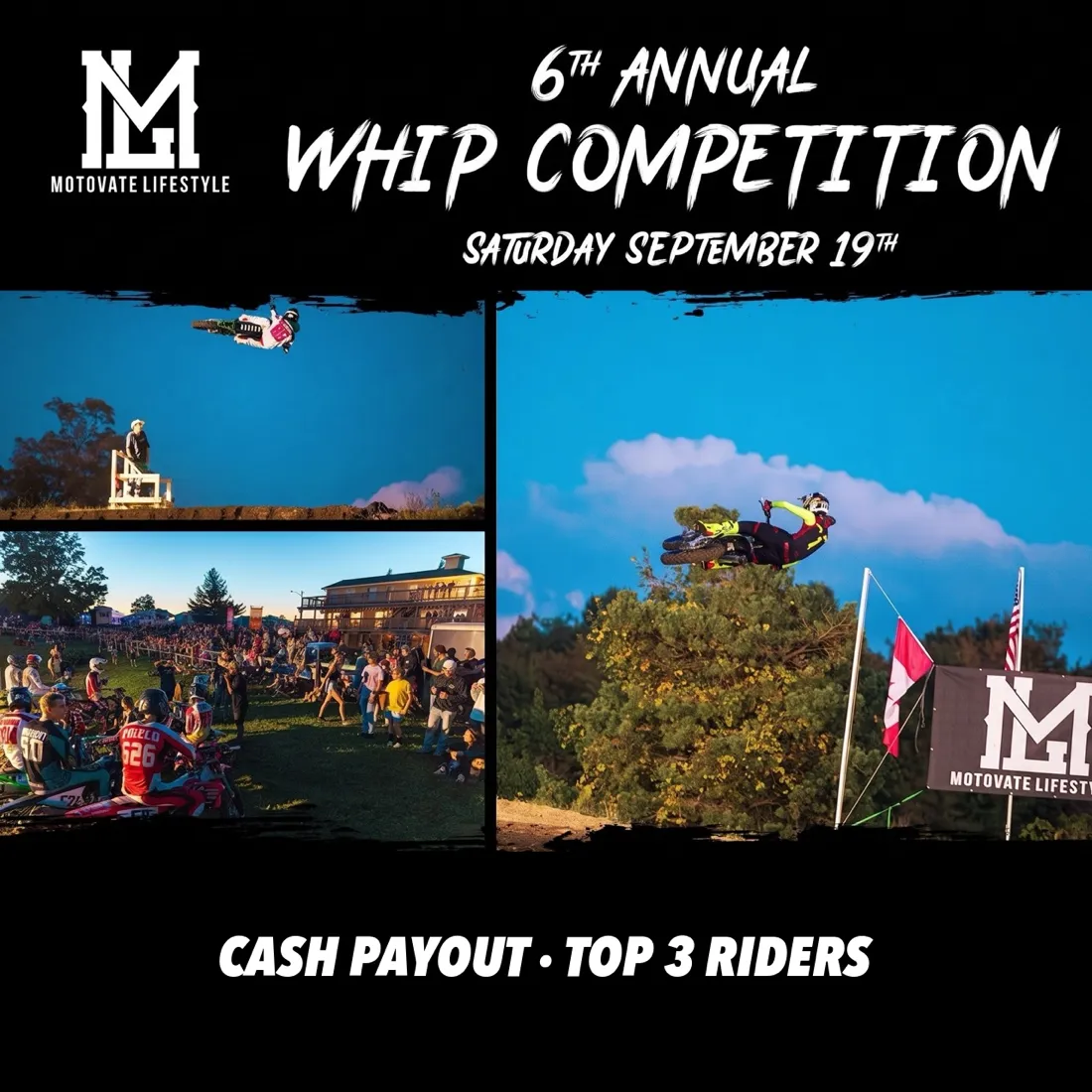 Motocross rider throwing a whip high above a jump against a blue sky, with a crowd watching from the hillside at Motopark