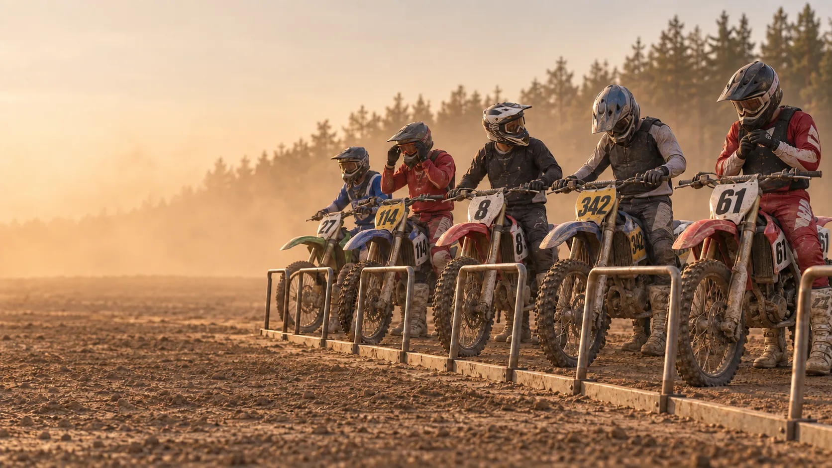 Motocross riders sitting on their bikes behind the start gate at dusk, waiting for the race to start