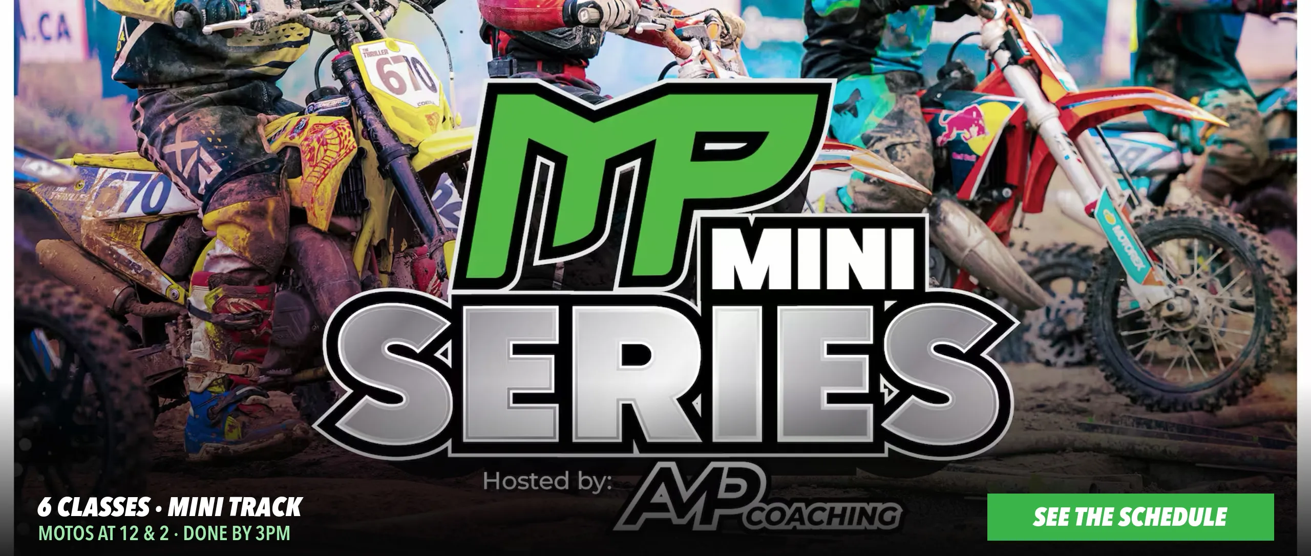 Young riders on 50cc and 65cc bikes lined up at the start gate for the Motopark MP Mini Series